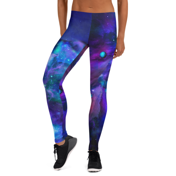 woman wearing leggings with outer space nebulae and planets