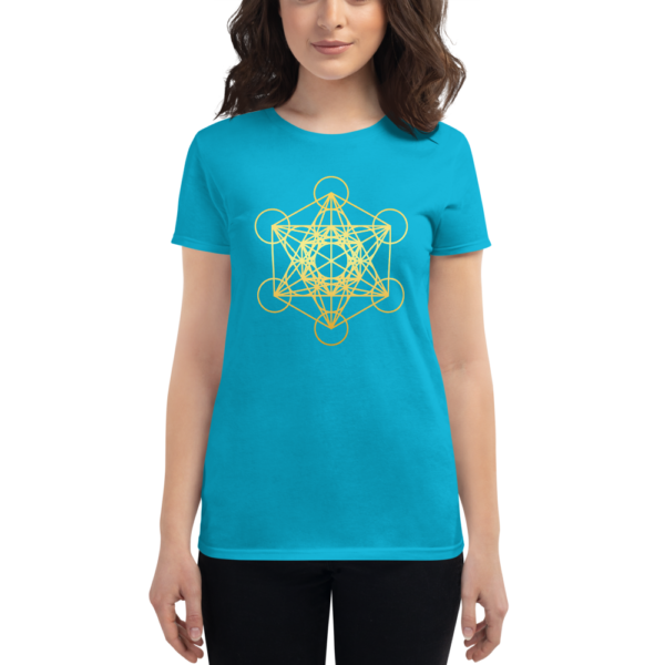 woman wearing aqua blue t-shirt with a gradient gold metatron's cube sacred geometry in the front center
