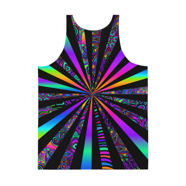 mens psychedelic tank top with bright colors and black stripes center focalpoint backside