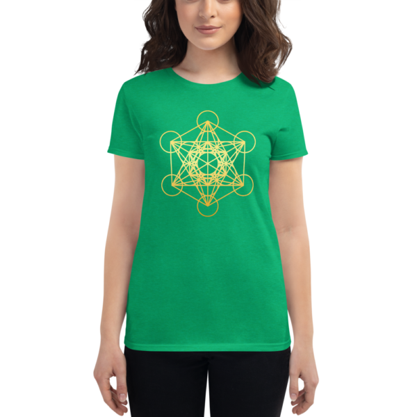 woman wearing green t-shirt with a gradient gold metatron's cube sacred geometry in the front center