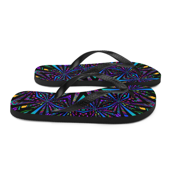 brightly colored artwork flip flops side view