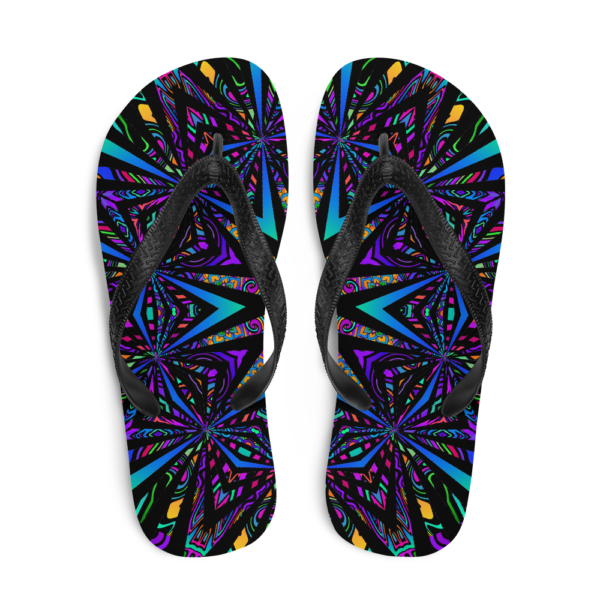 brightly colored artwork flip flops top down view
