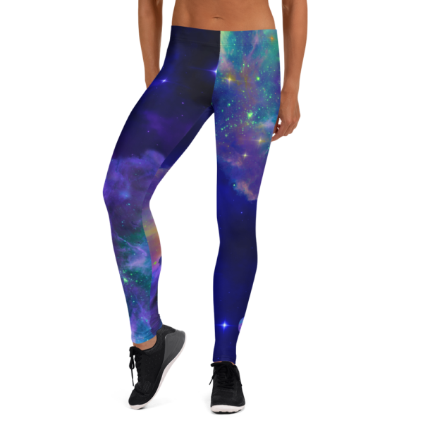 woman wearing leggings with outer space nebulae and planets