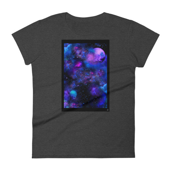 black heather women's t-shirt with nebulae artwork box on the front