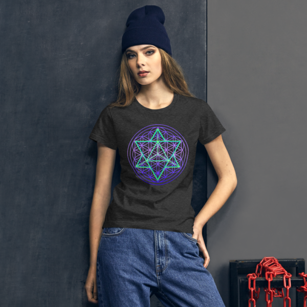 women wearing t-shirt with merkaba and flower of life sacred geometry