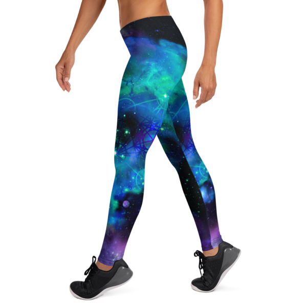 woman wearing leggings with cool colored nebulae and metatron's cube