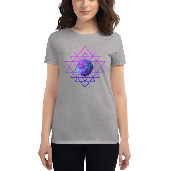 woman wearing t-shirt with planet and sri yantra symbol