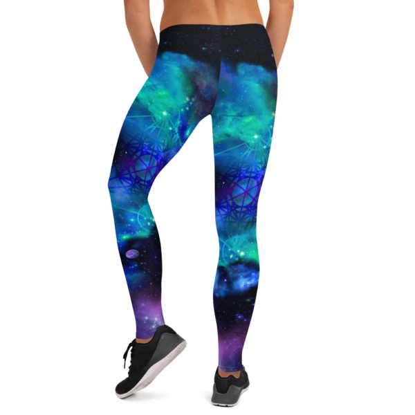 woman wearing leggings with cool colored nebulae and metatron's cube