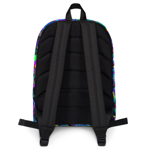 colorful artist mushroom collage backpack backside with straps