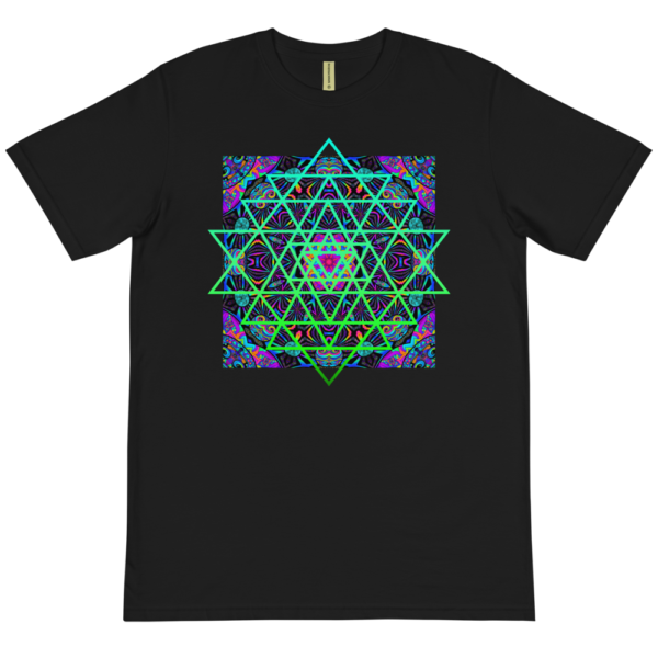 organic black t-shirt with an artistic green neon sri yantra sacred geometry symbol