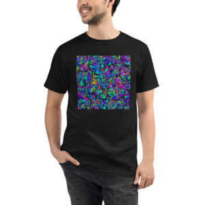 man wearing a black organic t-shirt with a collage of artistic mushrooms