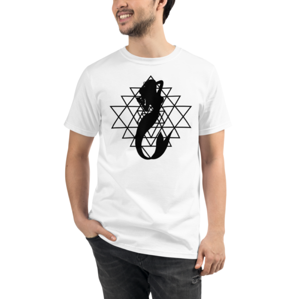 man wearing a white organic t-shirt with a silhouette of a mermaid and a sri yantra sacred geometry