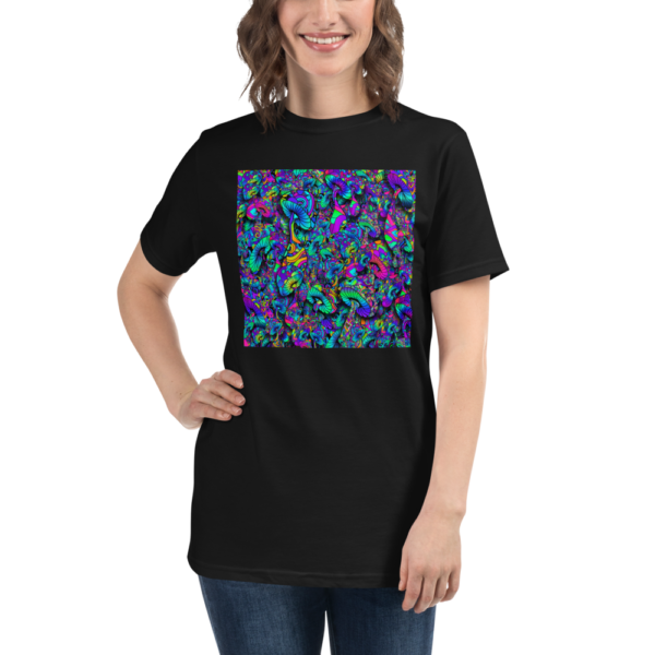 woman wearing a black organic t-shirt with a collage of artistic mushrooms