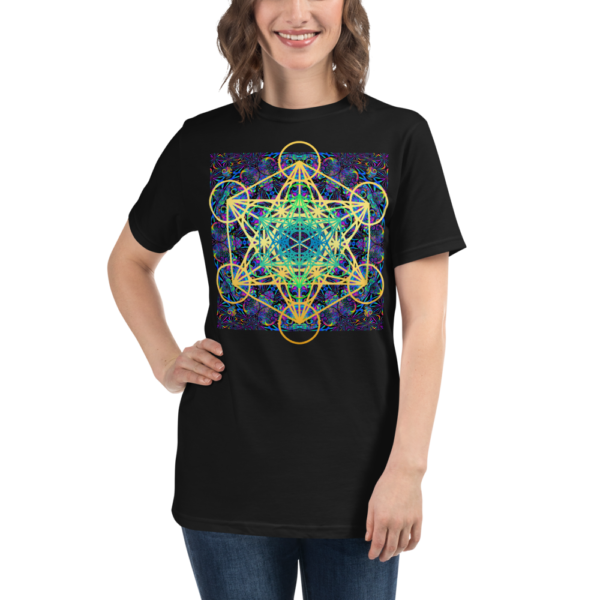 woman wearing a black organic t-shirt with colorful artistic metaron's cube sacred geometry