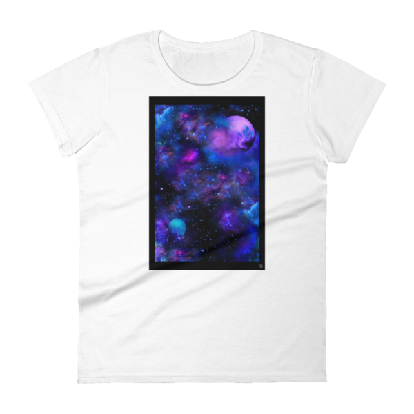 white women's t-shirt with nebulae artwork box on the front