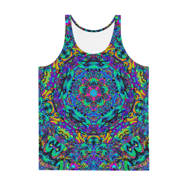 mens psychedelic tank top with bright colored mushroom kaleidoscope frontside
