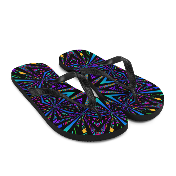 brightly colored artwork flip flops front view