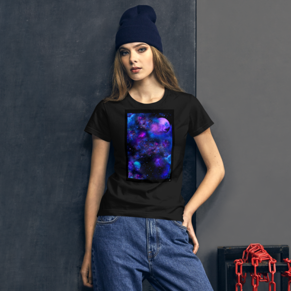fashion woman wearing a black women's t-shirt with nebulae artwork box on the front