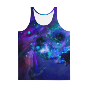 mens psychedelic tank top with purple blue nebulae and small planets frontside