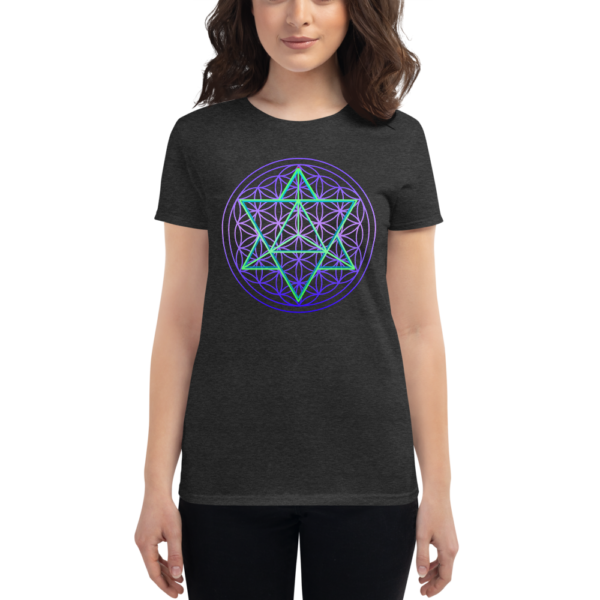 women wearing t-shirt with merkaba and flower of life sacred geometry