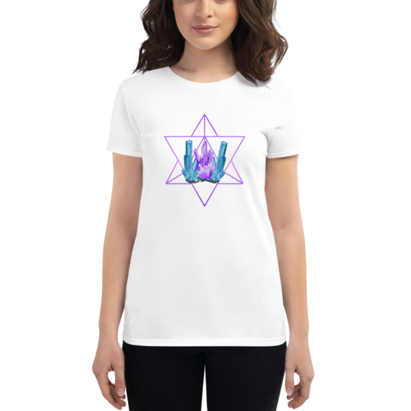 women wearing t-shirt with a merkaba and artistic crystals