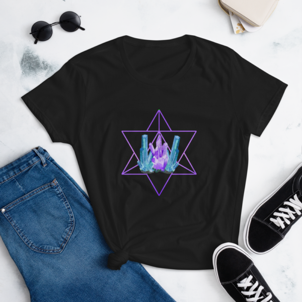 lifestyle t-shirt with artistic crystals and a purple merkaba