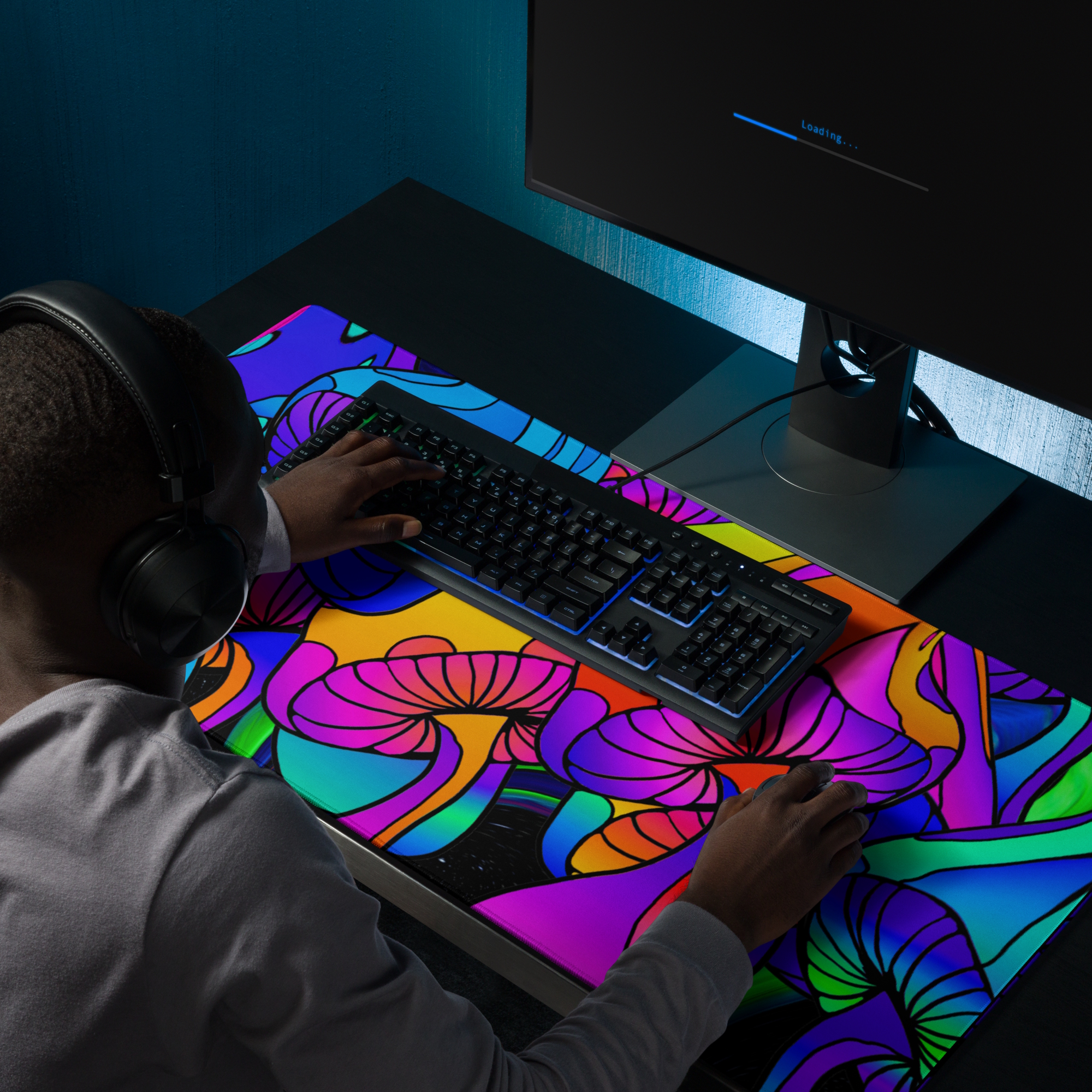 gaming mouse pad white 36x18 product details Neon Shrooms Rising (5)