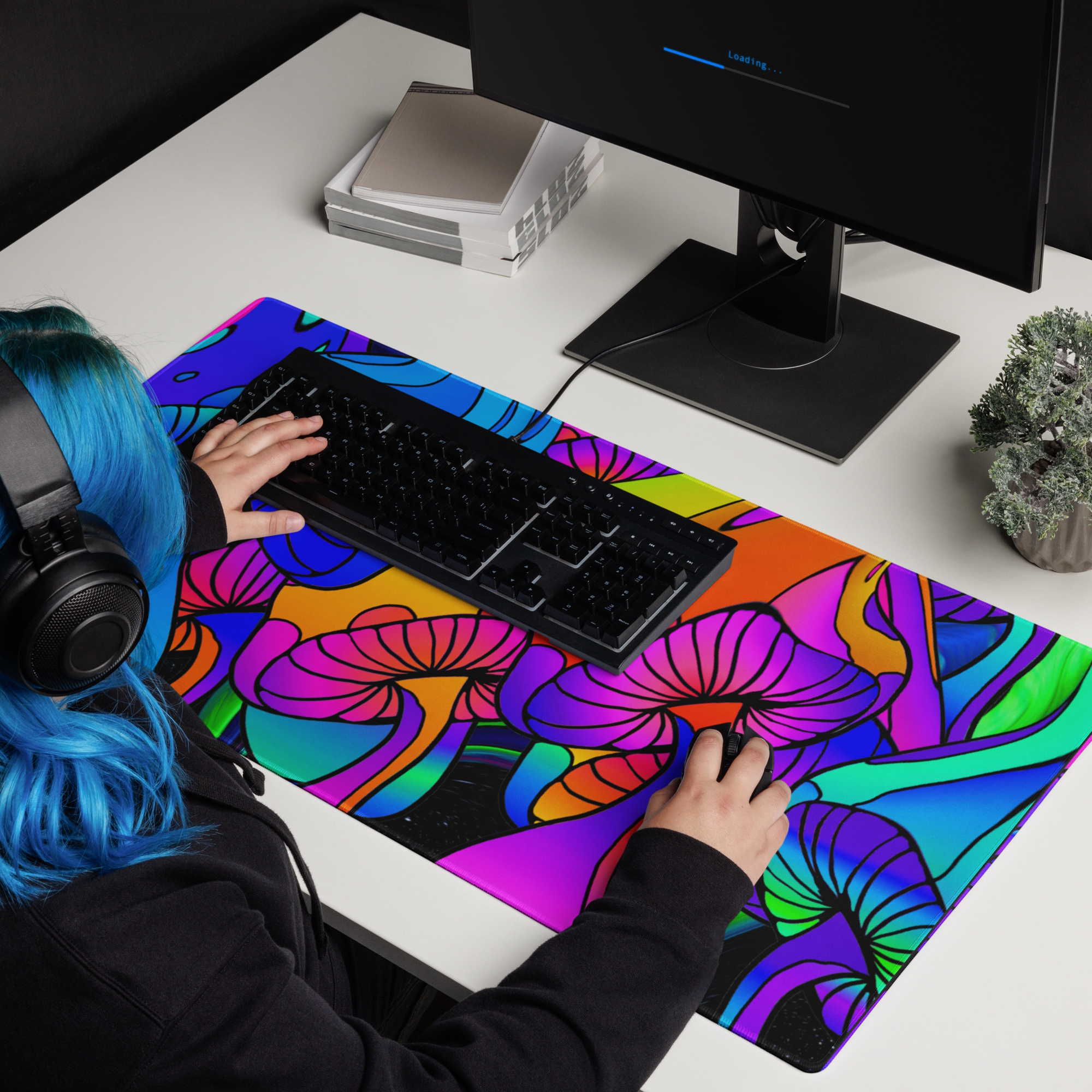 gaming mouse pad white 36x18 product details Neon Shrooms Rising (6)
