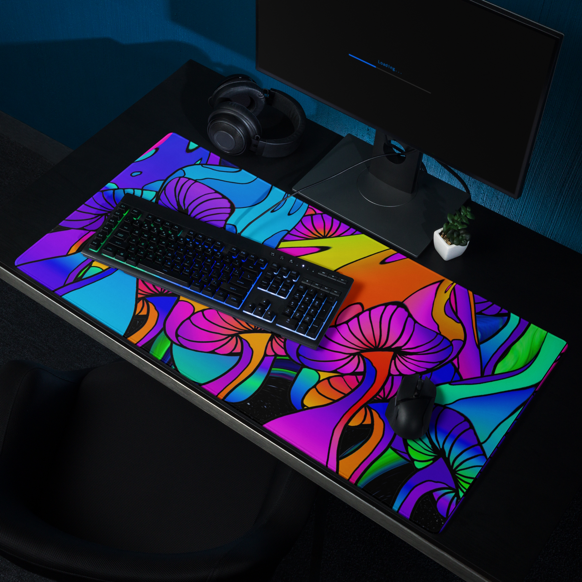 gaming mouse pad white 36x18 product details Neon Shrooms Rising (7)